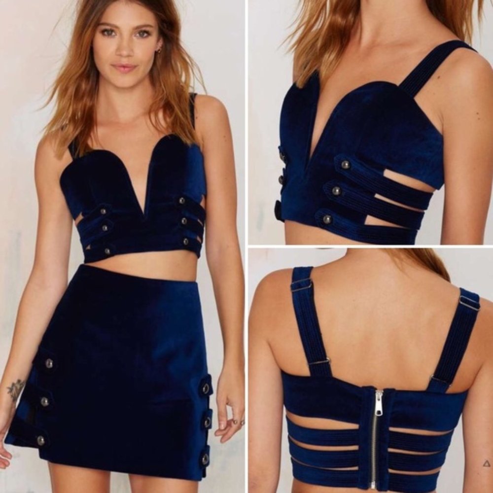 NASTY GAL Day Tripper Blue Velvet Military Cage Bustier Crop Top Mini Skirt Set